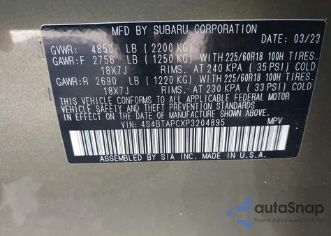 2023 Subaru Outback Touring z USA, uszkodzony, nr VIN 4S4BTAPCXP3204895
